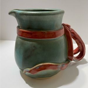 Unique Studio Art Pottery Small Juice Jug Pitcher Green Red Ribbon Signed